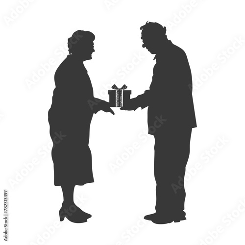 Silhouette elderly couple exchanging gifts black color only