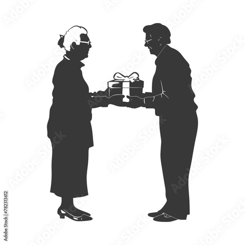 Silhouette elderly couple exchanging gifts black color only