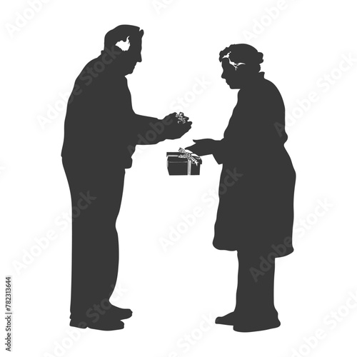 Silhouette elderly couple exchanging gifts black color only