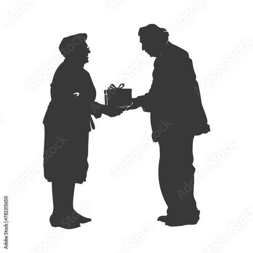 Silhouette elderly couple exchanging gifts black color only