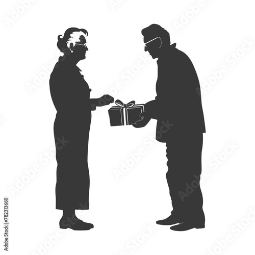 Silhouette elderly couple exchanging gifts black color only