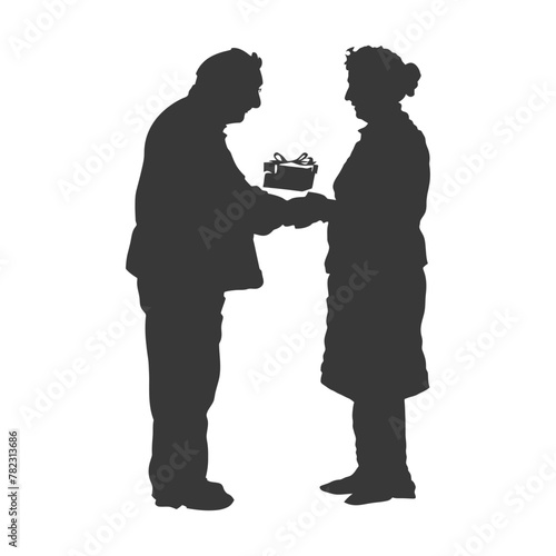 Silhouette elderly couple exchanging gifts black color only