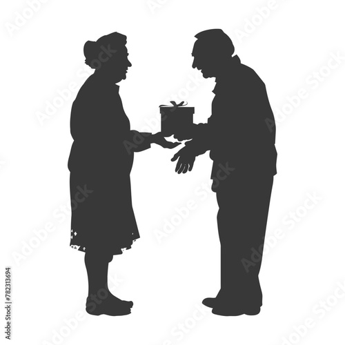 Silhouette elderly couple exchanging gifts black color only