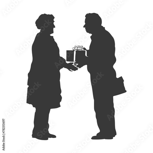 Silhouette elderly couple exchanging gifts black color only