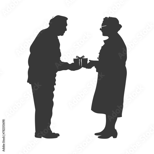 Silhouette elderly couple exchanging gifts black color only