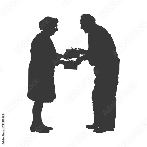 Silhouette elderly couple exchanging gifts black color only