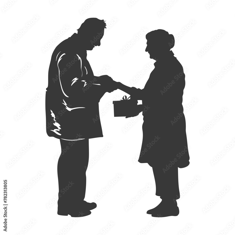 Silhouette elderly couple exchanging gifts black color only