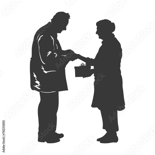 Silhouette elderly couple exchanging gifts black color only