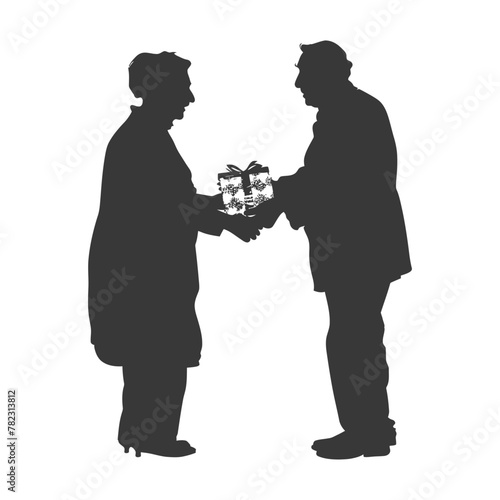 Silhouette elderly couple exchanging gifts black color only