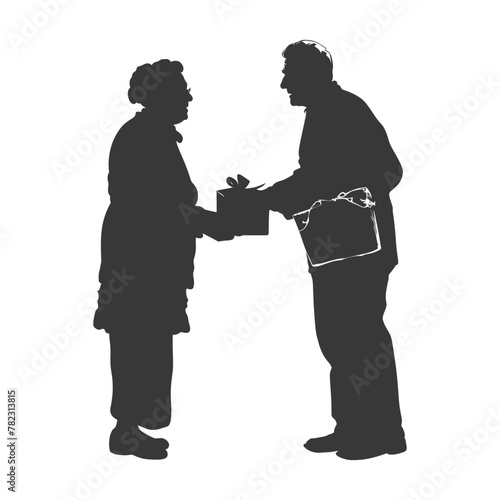 Silhouette elderly couple exchanging gifts black color only