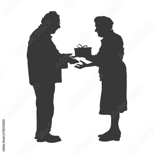 Silhouette elderly couple exchanging gifts black color only