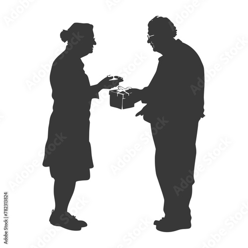 Silhouette elderly couple exchanging gifts black color only