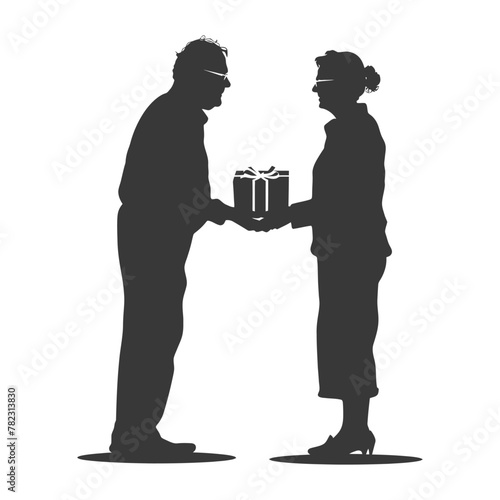 Silhouette elderly couple exchanging gifts black color only