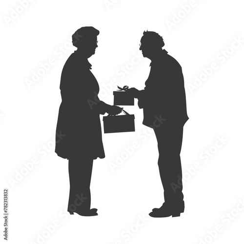 Silhouette elderly couple exchanging gifts black color only