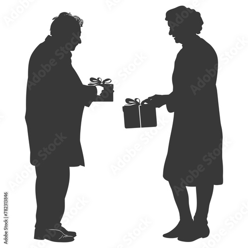 Silhouette elderly couple exchanging gifts black color only