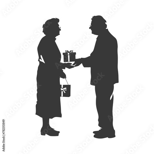 Silhouette elderly couple exchanging gifts black color only
