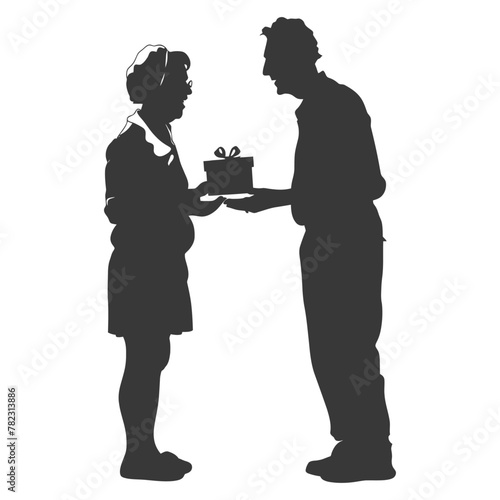 Silhouette elderly couple exchanging gifts black color only