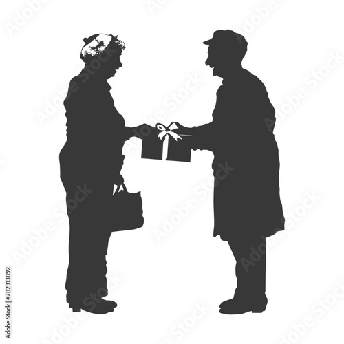 Silhouette elderly couple exchanging gifts black color only