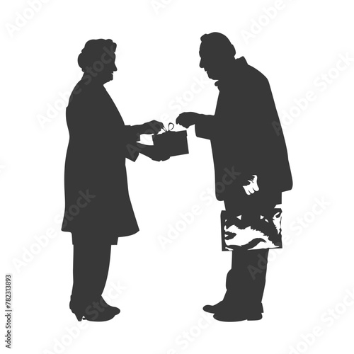 Silhouette elderly couple exchanging gifts black color only