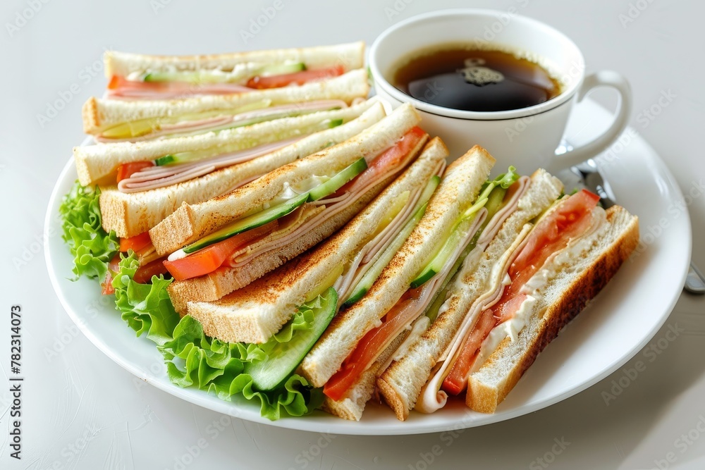 Classic club sandwich coffee white dish Classic club sandwich coffee white dish