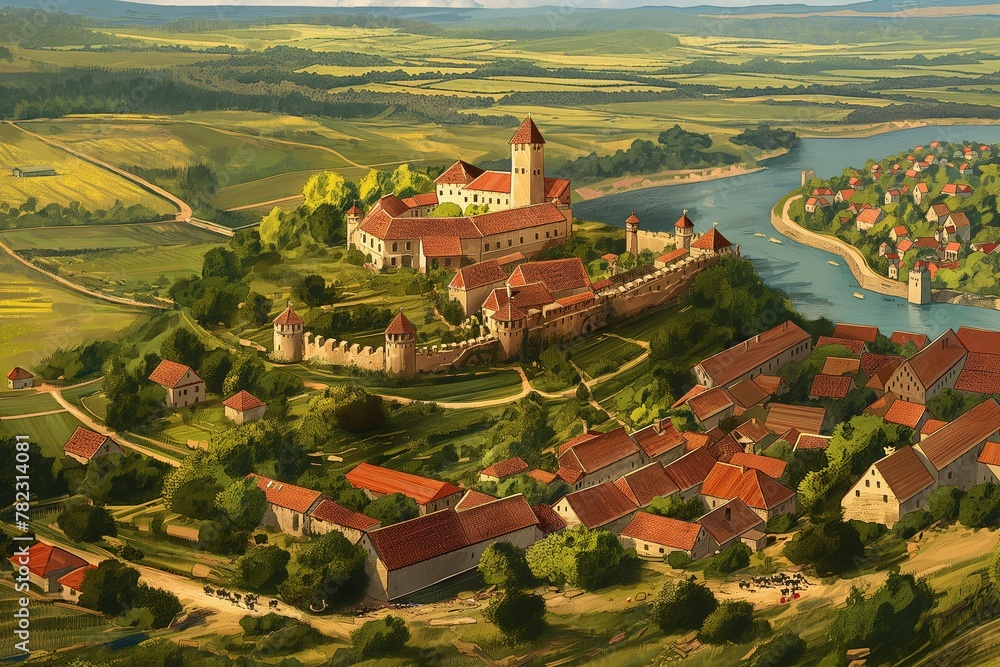 A beautifully detailed illustration of a riverside castle amid a vibrant rural landscape, evoking tales of history and fantasy. Perfect for storytelling and cultural history content.