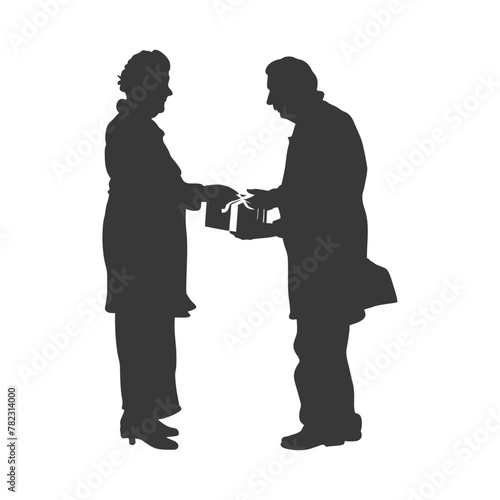 Silhouette elderly couple exchanging gifts black color only