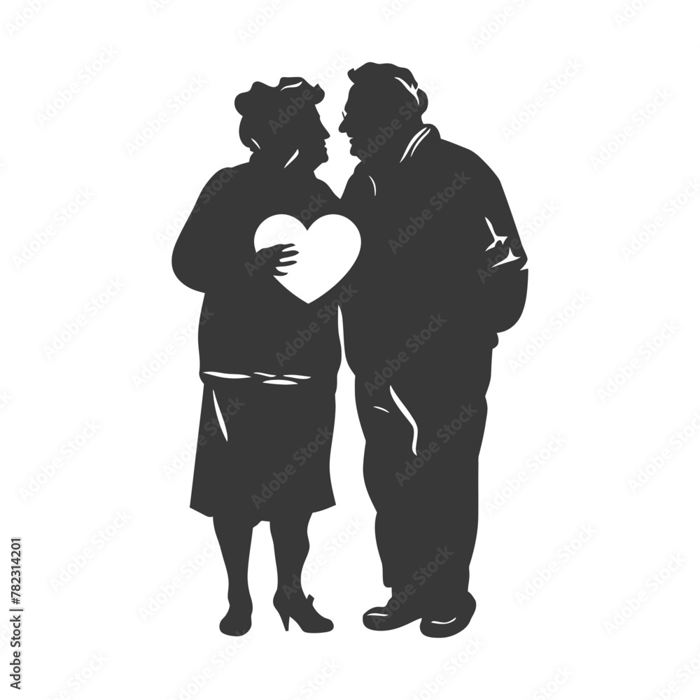 Silhouette elderly couple holding heart symbol black color only