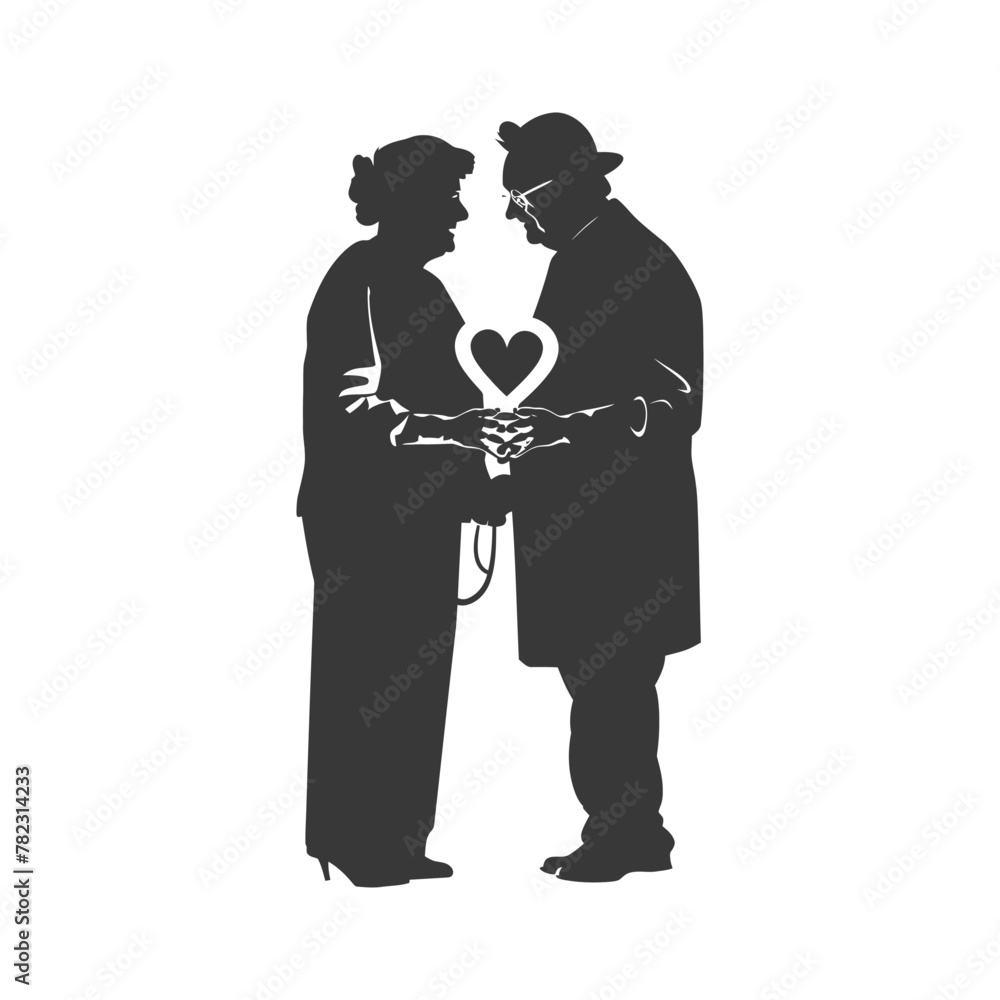 Silhouette elderly couple holding heart symbol black color only