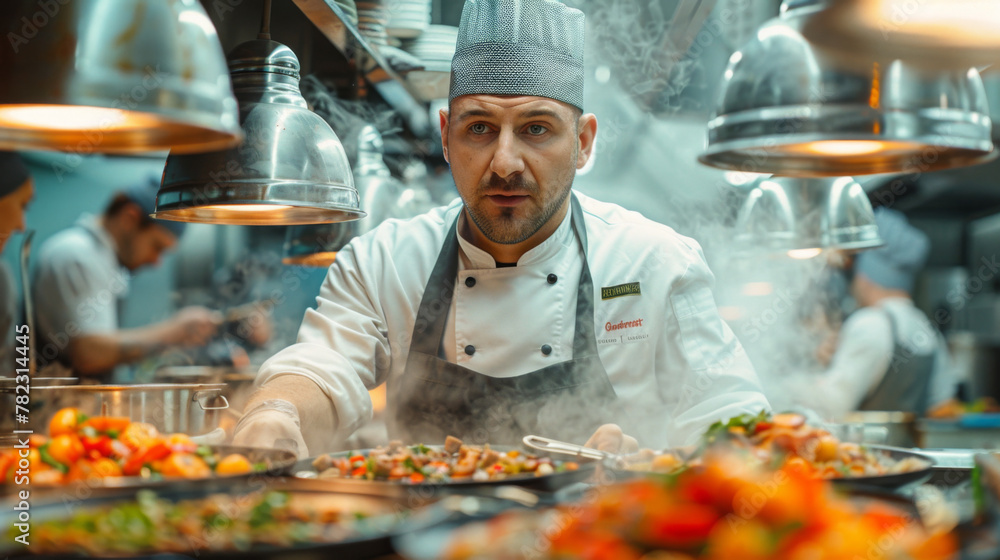 Professional cook in uniform add some spices to dish, decorating delicious meal for guests in hotel restaurant. food, cooking concept. Professional cook in uniform add some spices to dish, decorating delicious meal for guests in hotel restaurant. food, cooking concept.