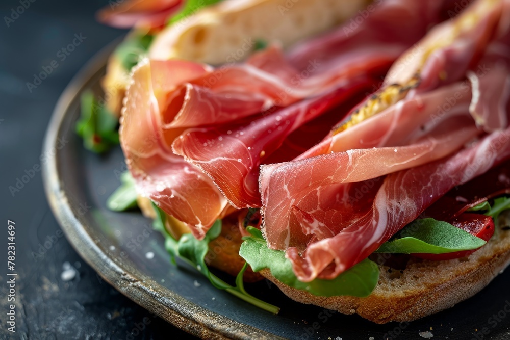 Close up of a prosciutto sandwich on a plate with selective focus and shallow depth of field