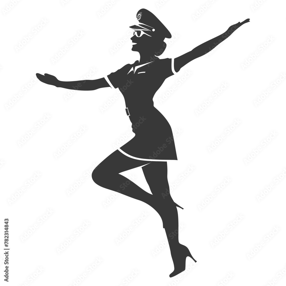 Silhouette flight attendant in action full body black color only Silhouette flight attendant in action full body black color only