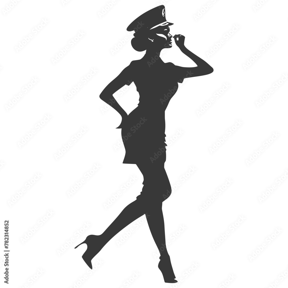 Silhouette flight attendant in action full body black color only Silhouette flight attendant in action full body black color only