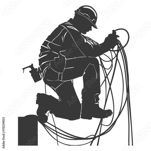 Silhouette electrician in action full body black color only