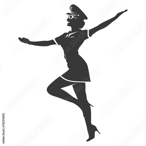 Silhouette flight attendant in action full body black color only