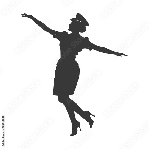 Silhouette flight attendant in action full body black color only