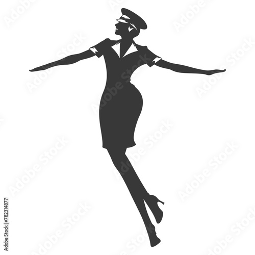 Silhouette flight attendant in action full body black color only