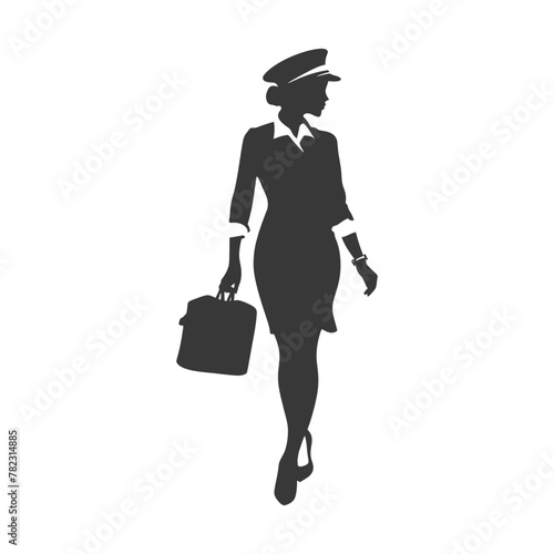 Silhouette flight attendant in action full body black color only