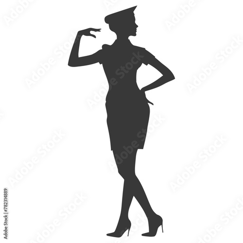 Silhouette flight attendant in action full body black color only