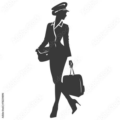 Silhouette flight attendant in action full body black color only