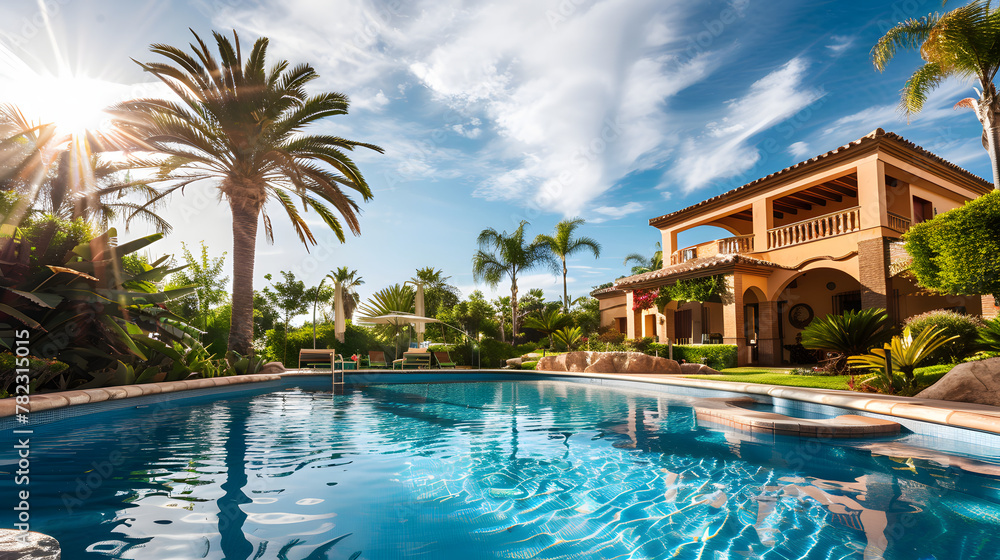 beautiful Spanish villa with a pool and palm trees in the background, blue sky, sunny day, luxury house