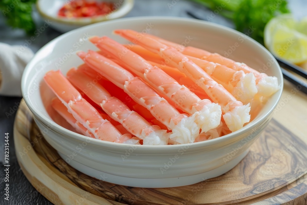 Surimi crab sticks displayed in a white bowl on a wooden board