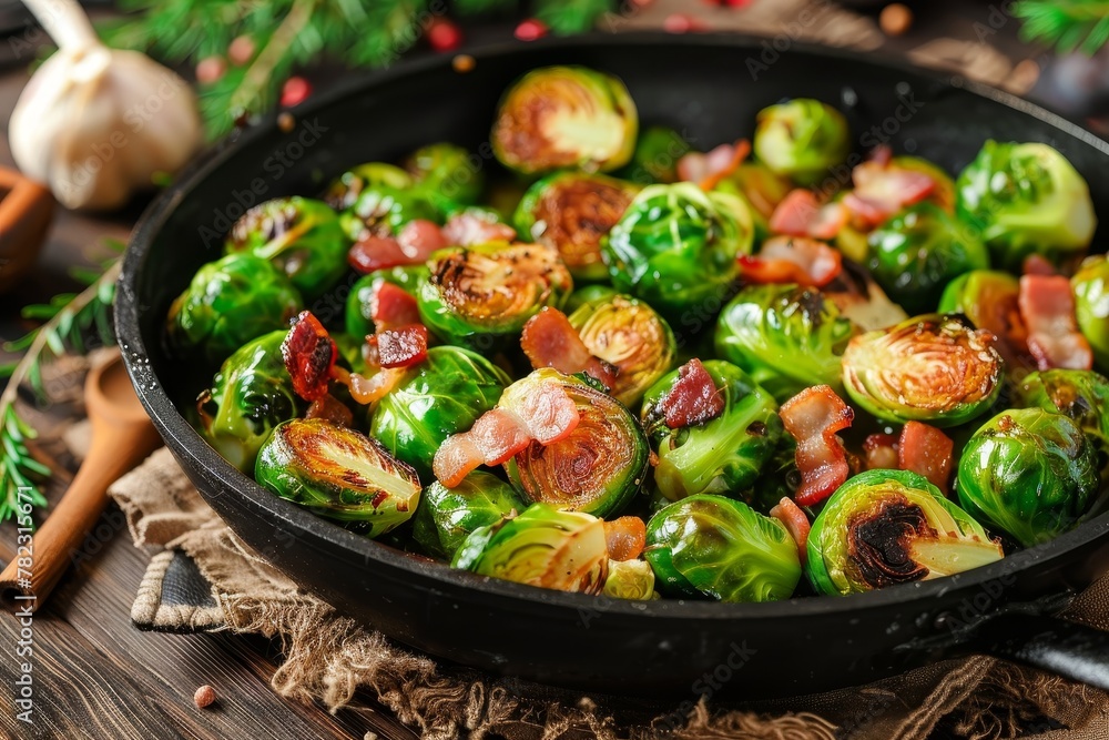 Tasty bacon Brussels sprouts in pan on table Tasty bacon Brussels sprouts in pan on table