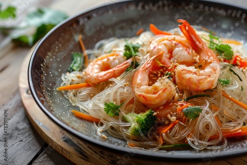 Tasty Asian noodle stir fry with shrimp and veggies wok