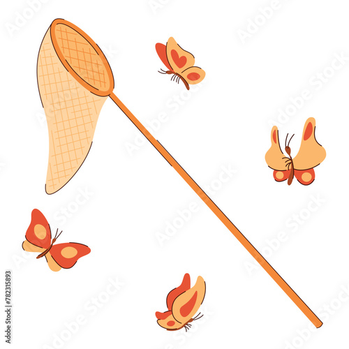 Cartoon illustration of a net trap for catching butterflies and several butterflies. Isolated on white background.