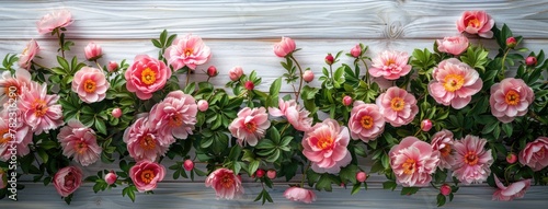 beautiful pink peonies arranged on a white wooden background  offering ample space for text in a top-down view  forming a charming floral border.