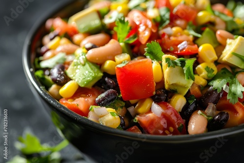 Texas caviar in a black bowl close up with beans tomatoes avocado bell pepper corn and coriander
