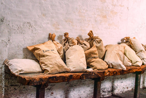 group of bags, flour, canvas, table, wood