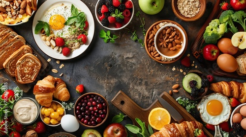 Healthy Breakfast with Scrambled Eggs, Berries, Yogurt, Nuts