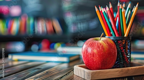 Desk with Pencil Case, Books, and Red Apple - Back to School Concept photo