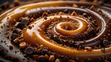 restaurant food background: A close-up of a caramel and chocolate swirl adorned with mini chocolate chips and delectable nuts. Illustration Generative ai